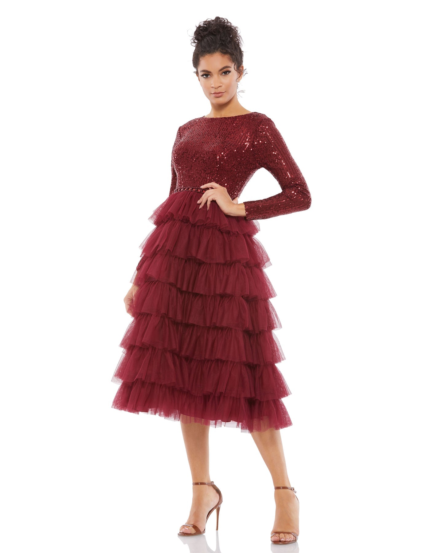 Chic tea-length dress with a sequined bodice, long sleeves, and a round neckline. A-line skirt features black layered tulle, and hand-beaded belt accents the natural waist. Ieena for Mac Duggal Fully Lined Back Zipper 100% Polyester Long Sleeve Cocktail H