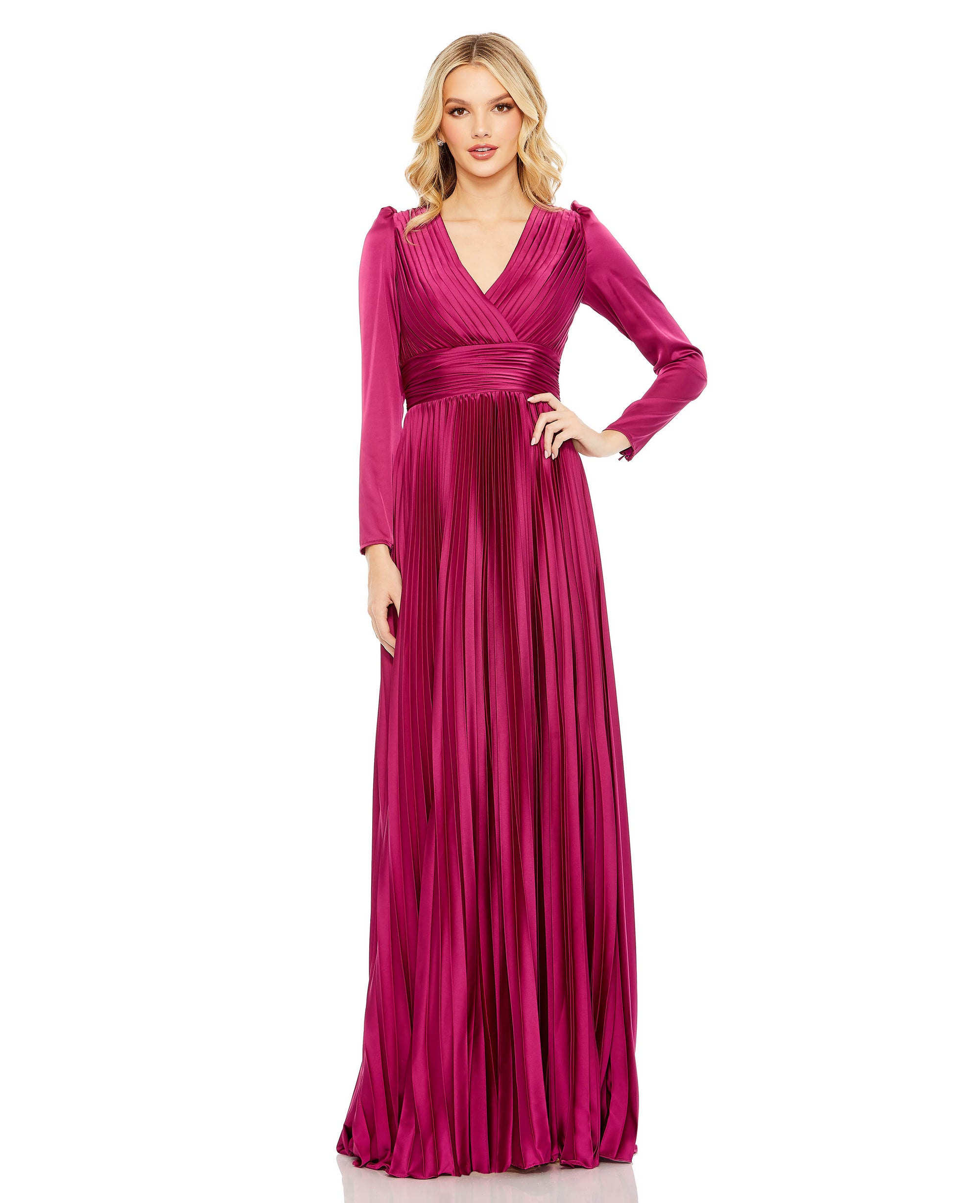 Chic faux-wrap satin gown with puffed shoulders, a v-neckline with a pleated bodice and a full-length pleated skirt. Ieena for Mac Duggal Fully Lined Back Zipper 100% Polyester Floor Length Long Sleeve Style #26542