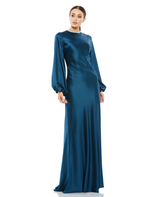 BEADED HIGH NECK BISHOP SLEEVE SATIN GOWN