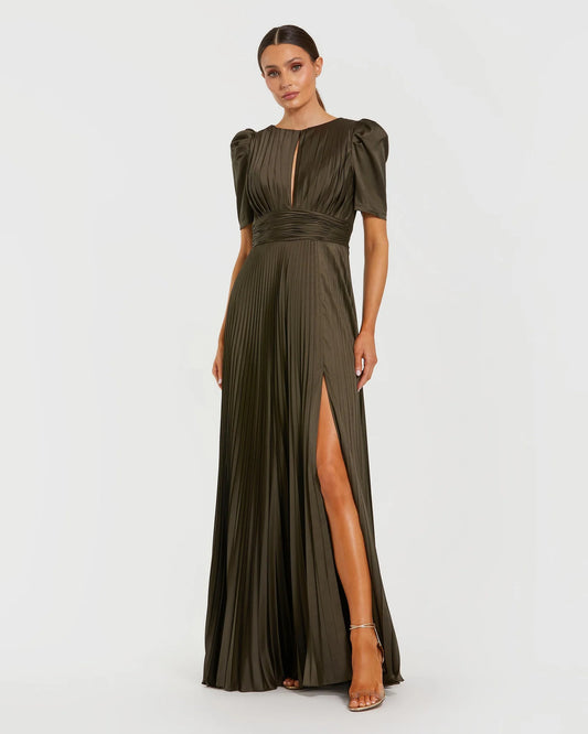 Pleated Charmeuse Puff Sleeve Evening Gown With Slit