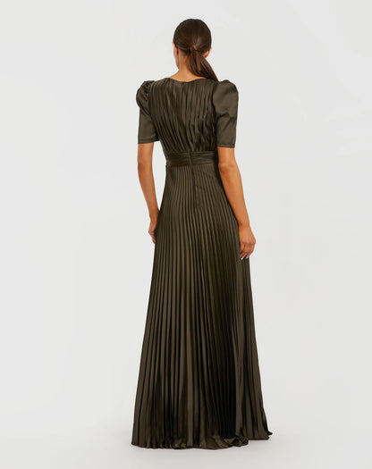 Pleated Charmeuse Puff Sleeve Evening Gown With Slit