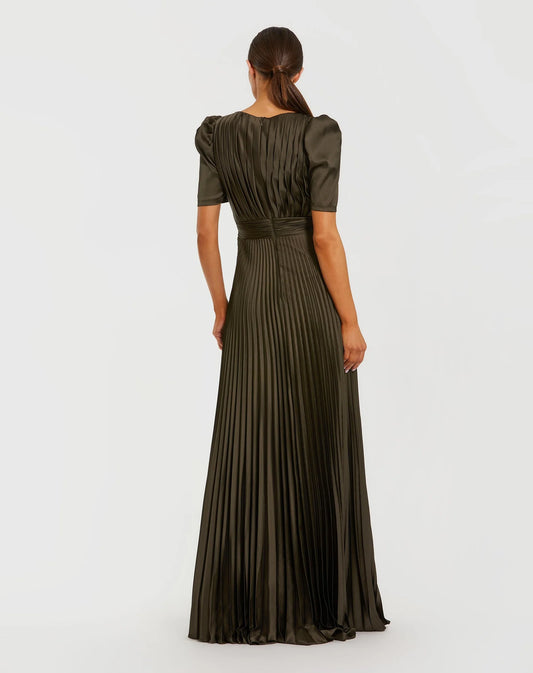 Pleated Charmeuse Puff Sleeve Evening Gown With Slit
