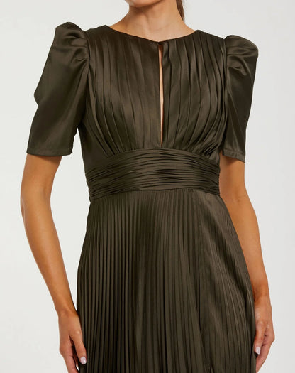 Pleated Charmeuse Puff Sleeve Evening Gown With Slit