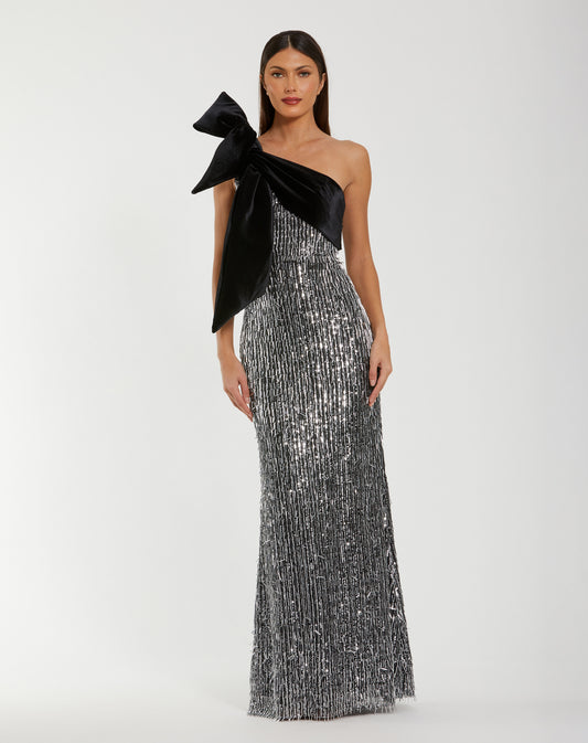 Black and Silver One Shoulder Embellished Gown With Velvet Bow