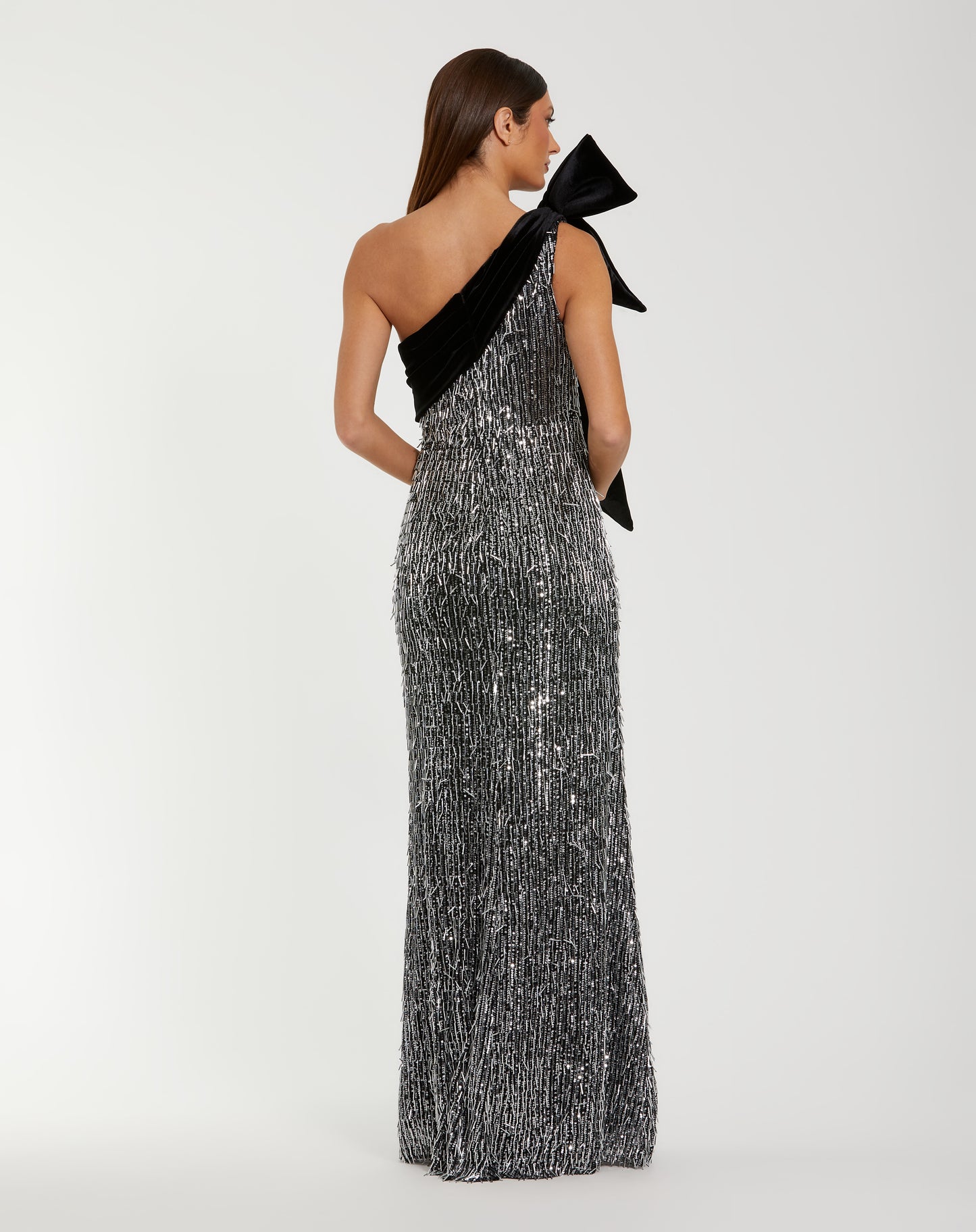 Black and Silver One Shoulder Embellished Gown With Velvet Bow