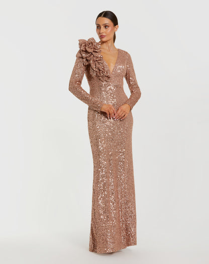 Navy Sequin Long Sleeve Blouson Evening Gown (Copy)