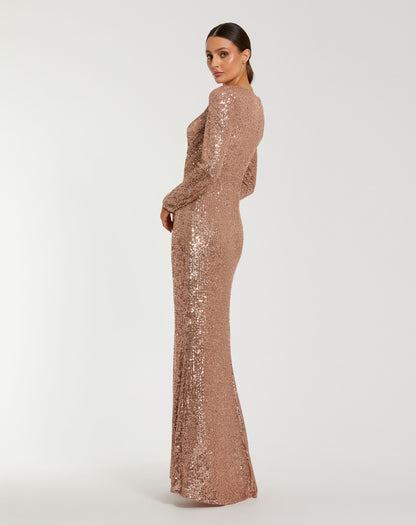 Navy Sequin Long Sleeve Blouson Evening Gown (Copy)