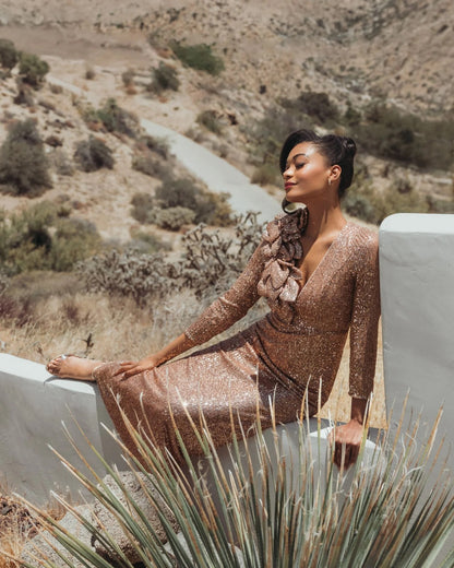 Navy Sequin Long Sleeve Blouson Evening Gown (Copy)