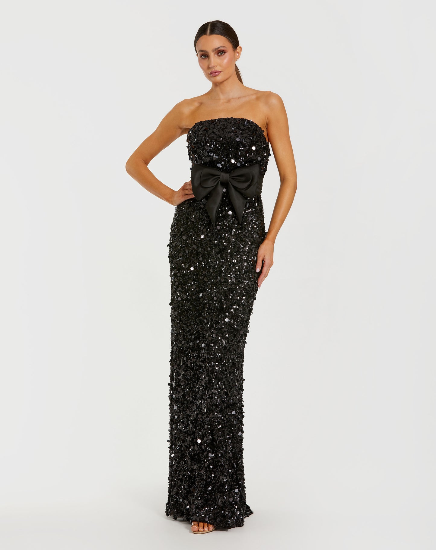 Black Strapless Sequin Evening Gown With Bow