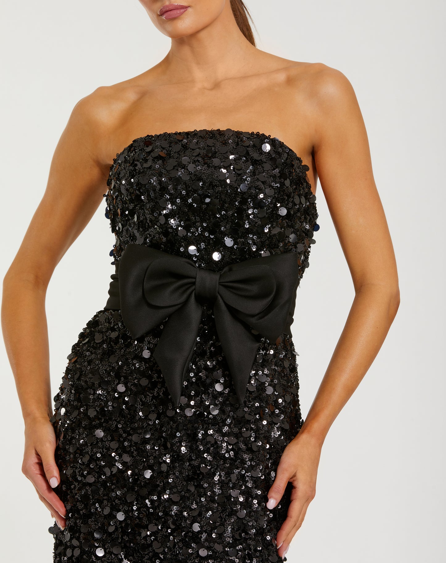 Black Strapless Sequin Evening Gown With Bow