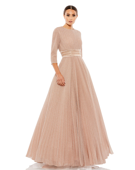 Shimmering Pleated A-Line 3/4 Sleeve Gown