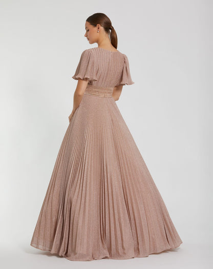 Pleated Shimmering Georgette Flutter Sleeve Gown