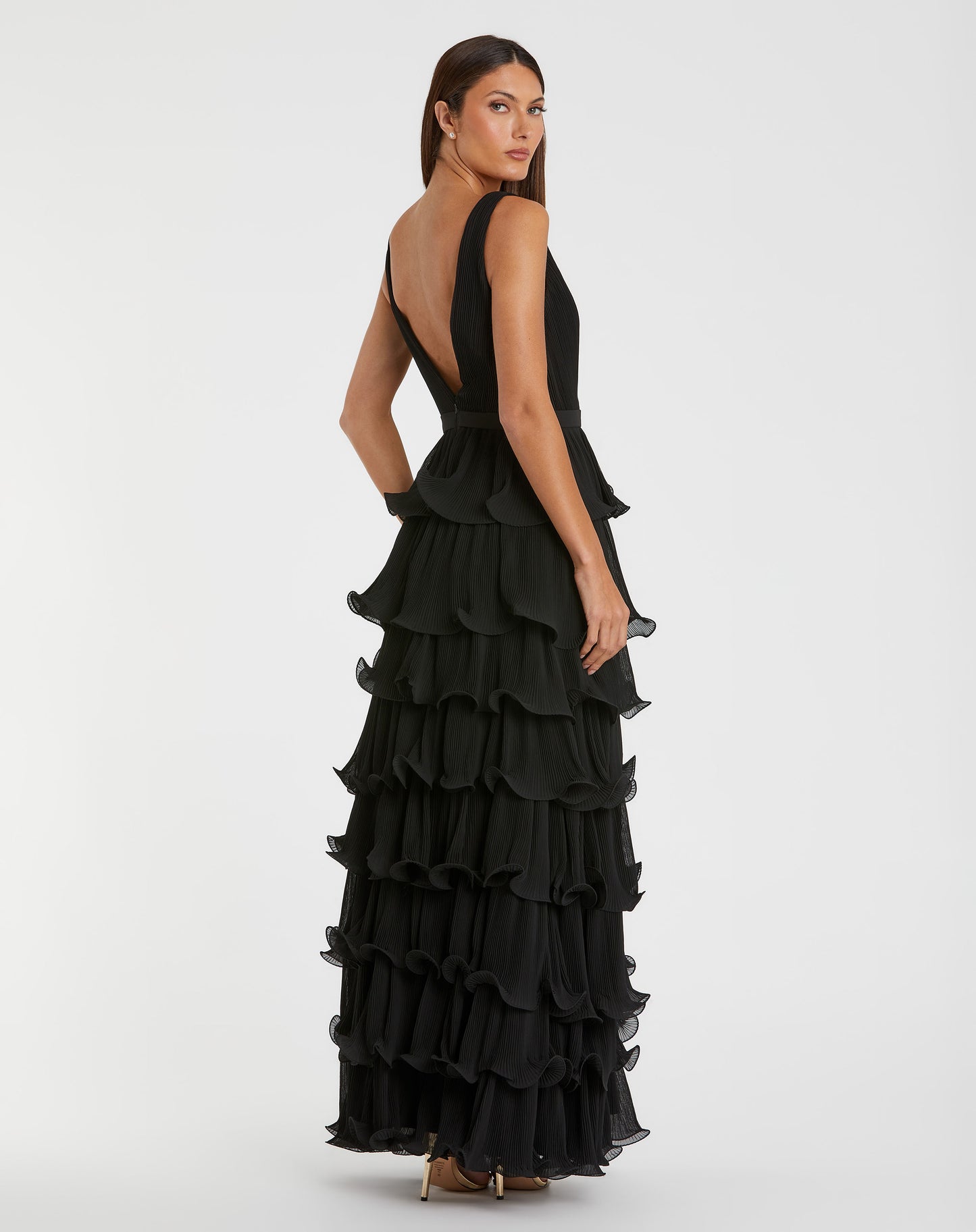 Sleeveless Ruffle Tiered V Neck Gown