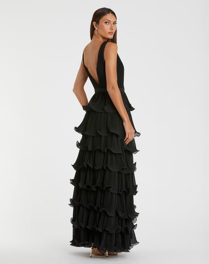 Sleeveless Ruffle Tiered V Neck Gown