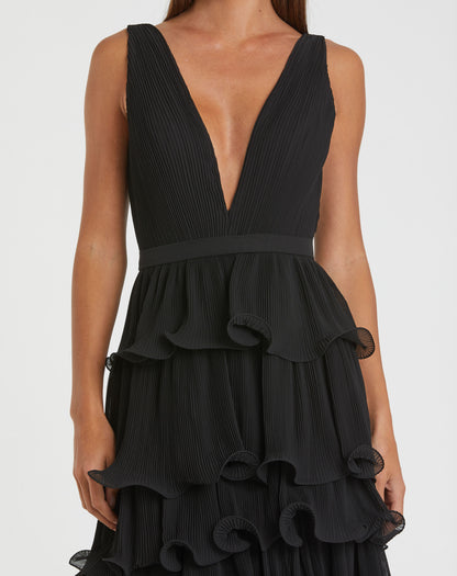 Sleeveless Ruffle Tiered V Neck Gown