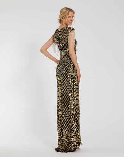High Neck Sleeveless Beaded Fringe Fitted Gown