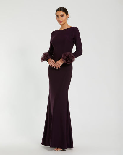 Long Sleeve Fitted Jersey Gown With 3D Flowers