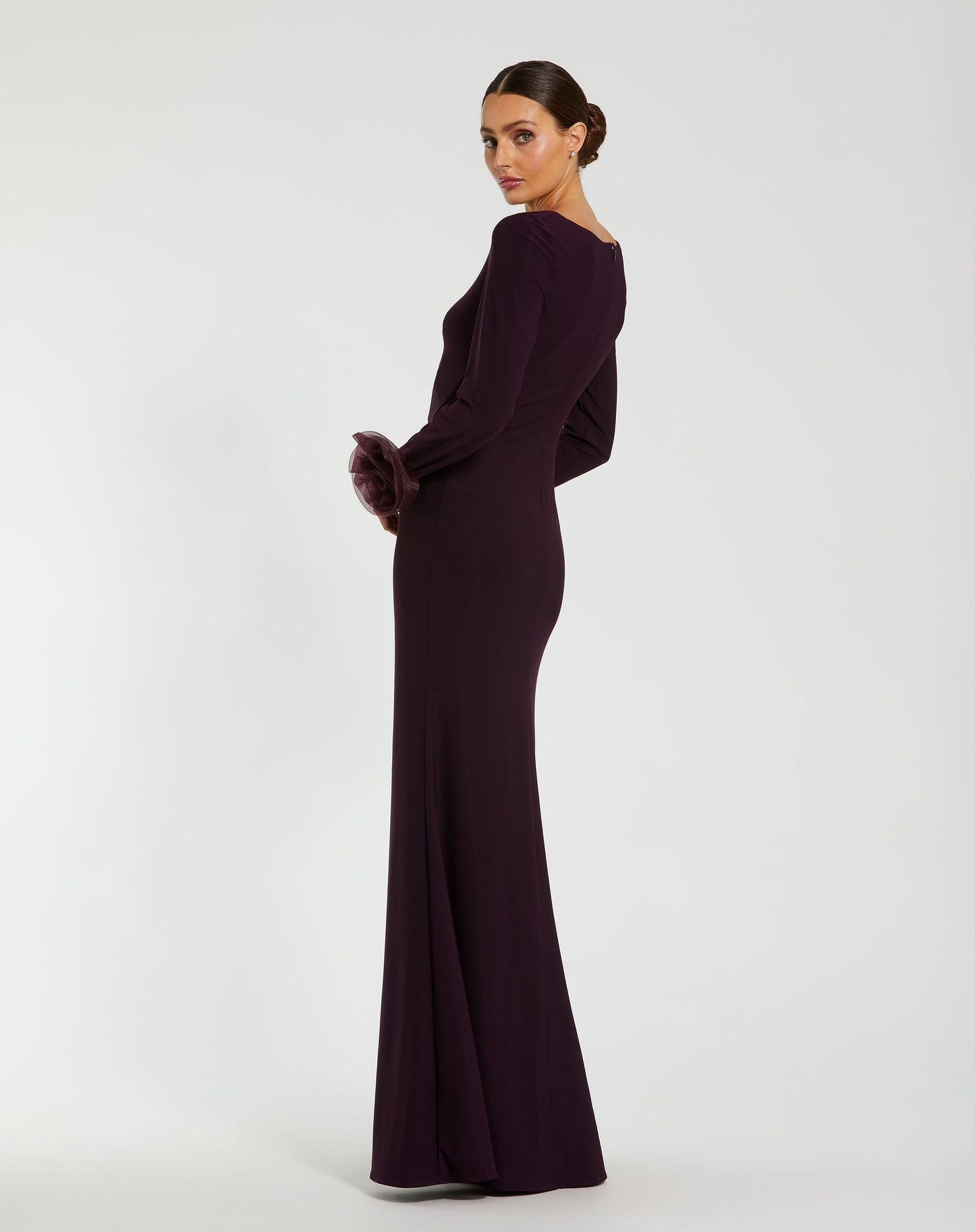 Long Sleeve Fitted Jersey Gown With 3D Flowers