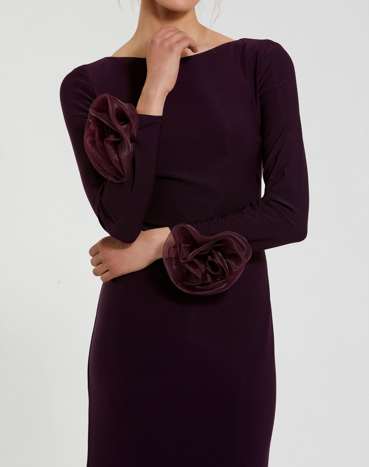 Long Sleeve Fitted Jersey Gown With 3D Flowers