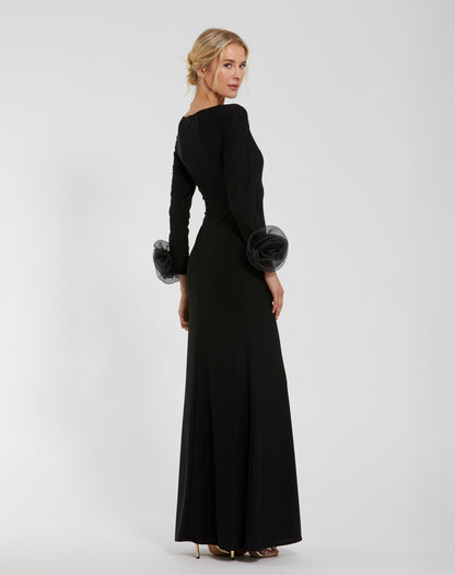 Long Sleeve Fitted Jersey Gown With 3D Flowers