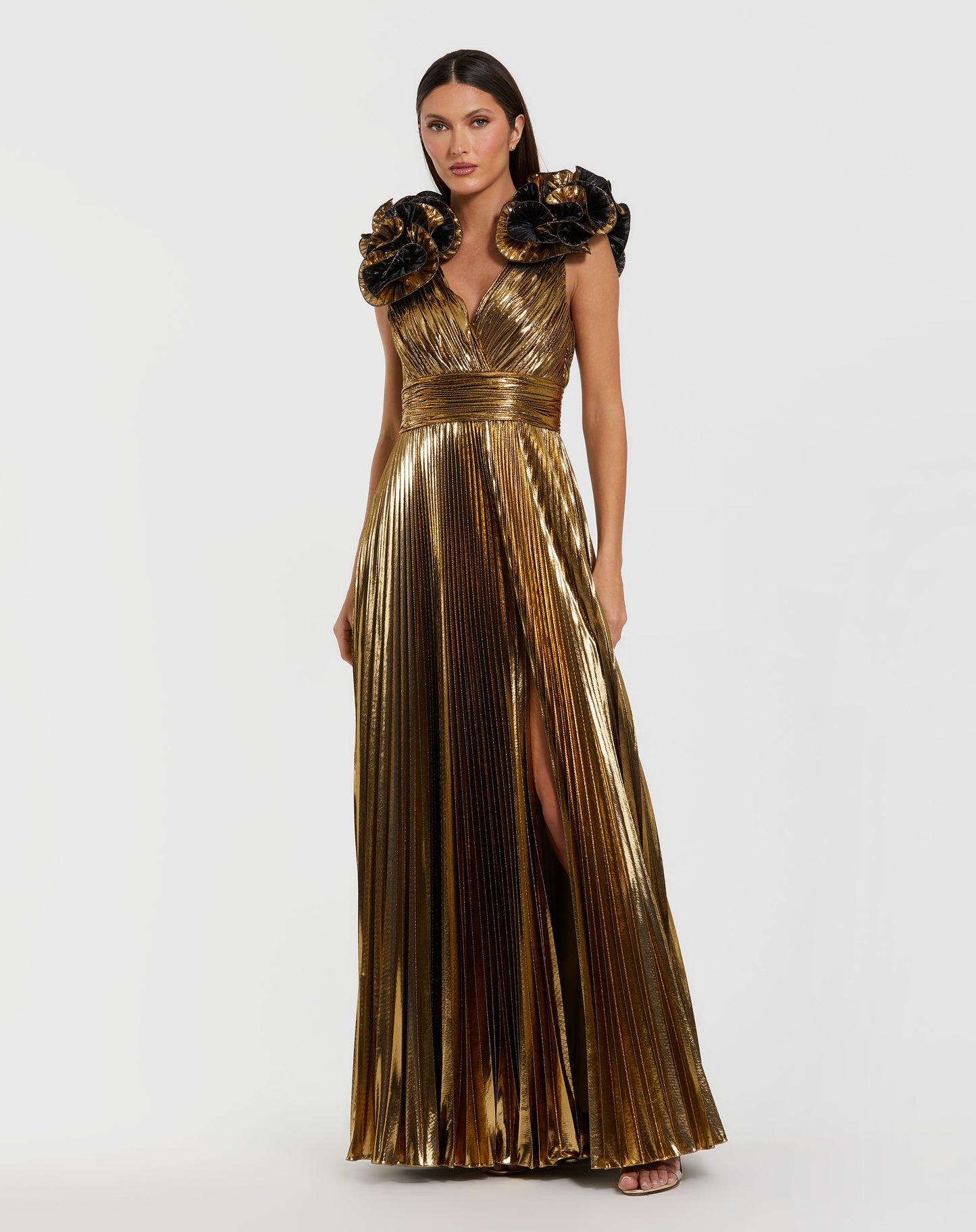 Gold Metallic Pleated Gown with Ruffle Shoulder Detail