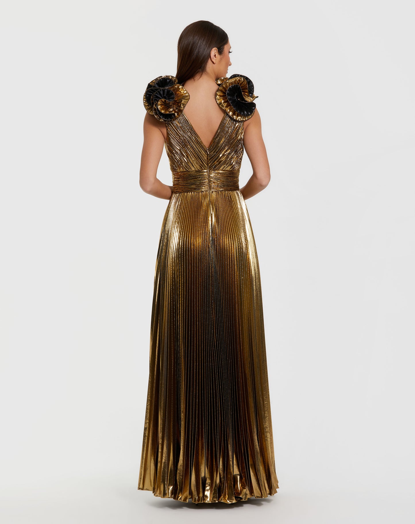 Gold Metallic Pleated Gown with Ruffle Shoulder Detail
