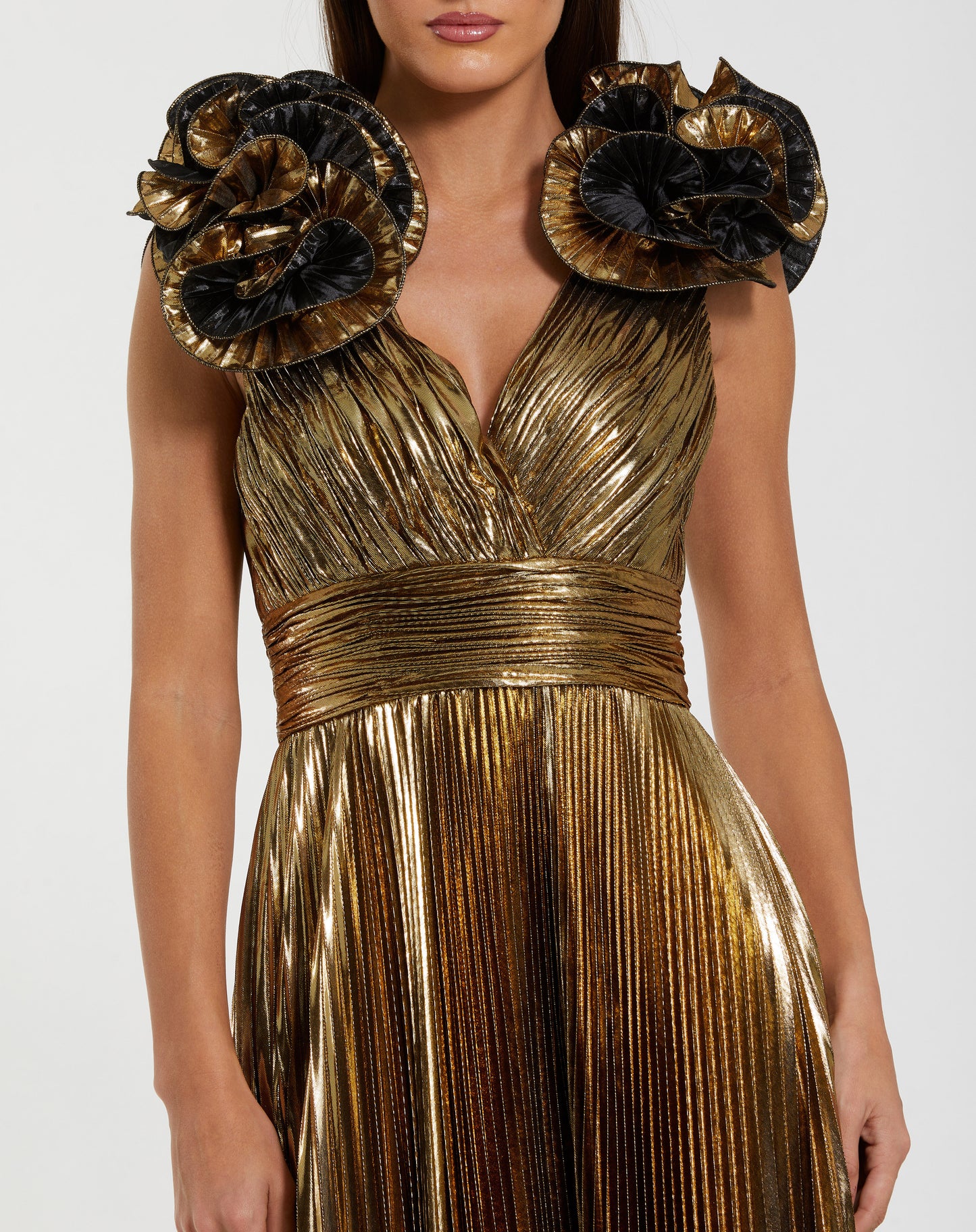 Gold Metallic Pleated Gown with Ruffle Shoulder Detail