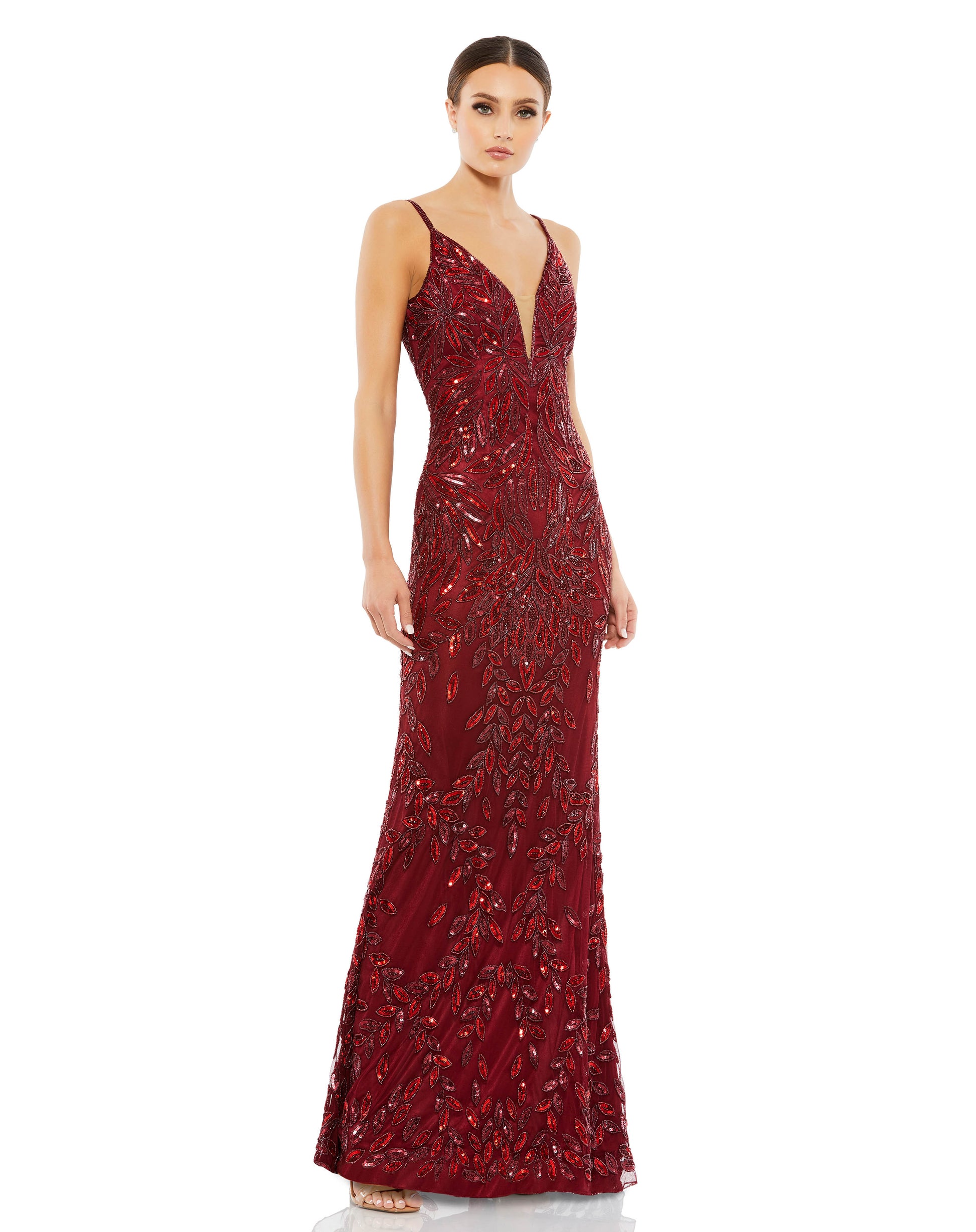 Mac Duggal Style#5107, Embellished Leaf Evening Gown, Floor Length,Open Back,Sequin,Sheath,sleeveless,V-Neck, $790.00