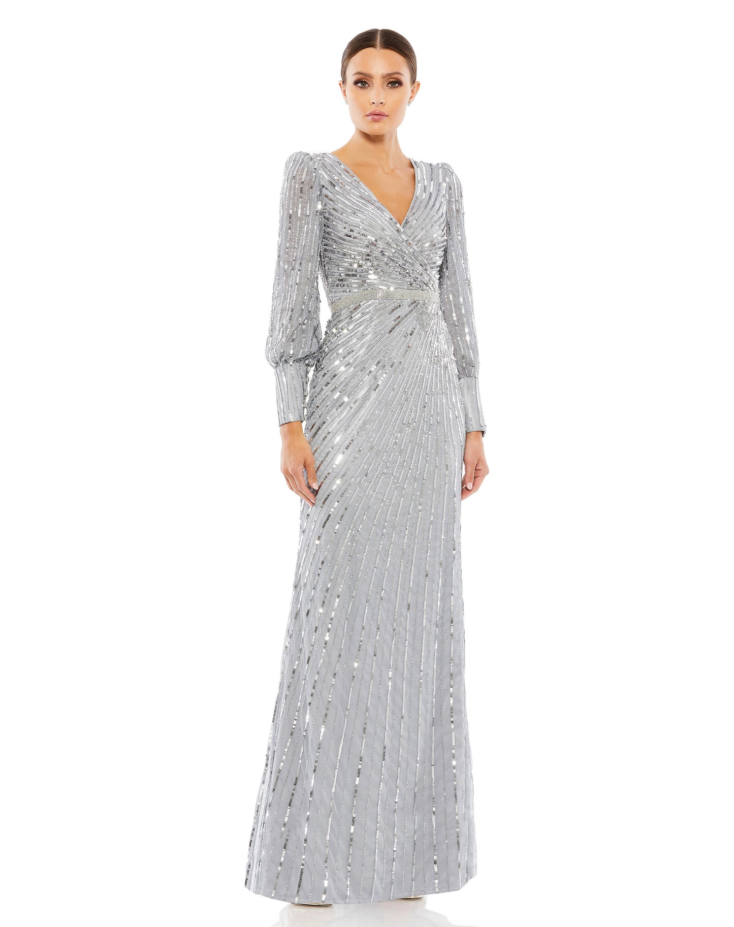 Sequinned Wrap Over Bishop Sleeve Gown