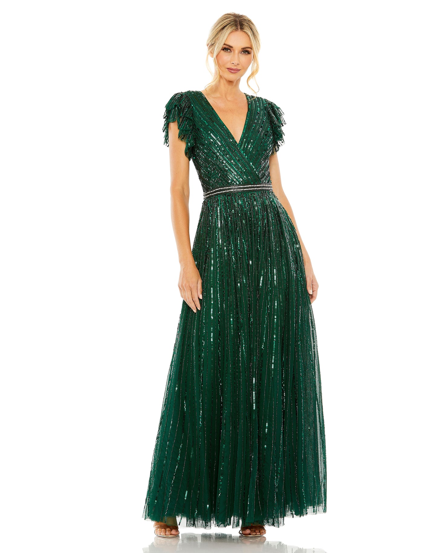 Sequined Wrap Over Ruffled Cap Sleeve Gown