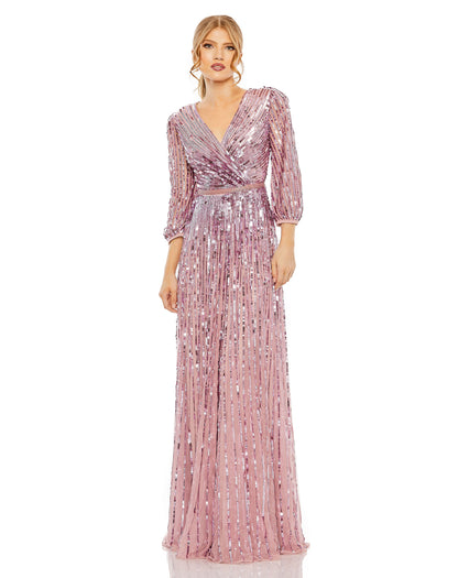 Sequined Elbow Sleeve Surplice Gown