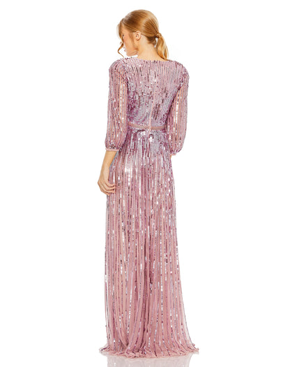 Sequined Elbow Sleeve Surplice Gown