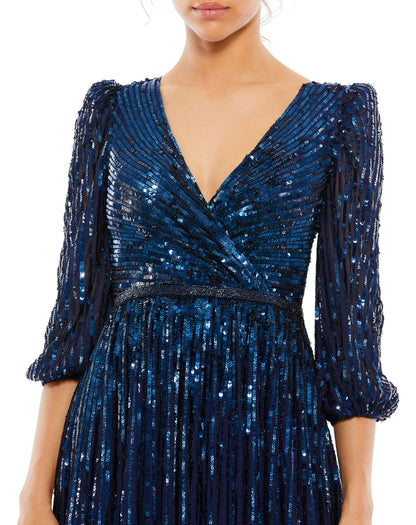 Sequined Elbow Sleeve Surplice Gown