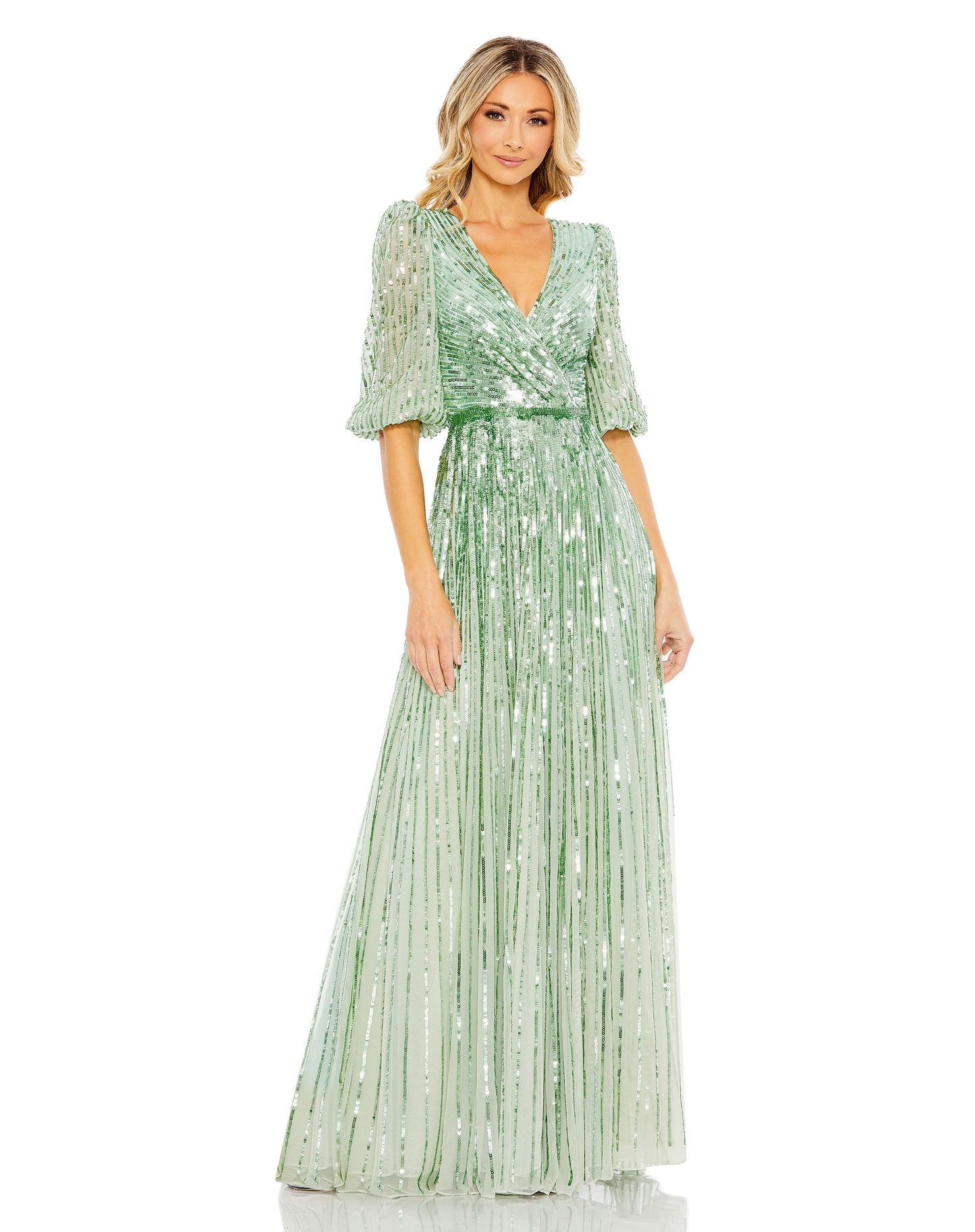 Sequined Elbow Sleeve Surplice Gown