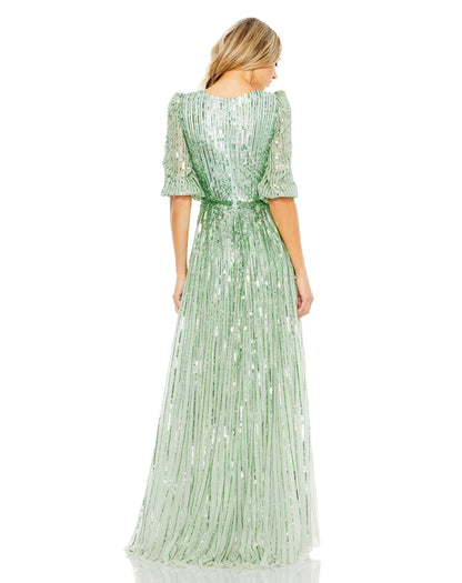 Sequined Elbow Sleeve Surplice Gown