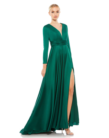 Long Sleeve Ruched Waist A-Line Gown