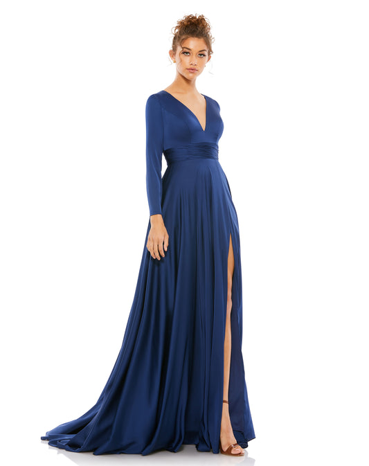 Long Sleeve Ruched Waist A-Line Gown