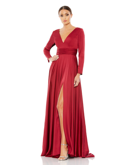 Long Sleeve Ruched Waist A-Line Gown