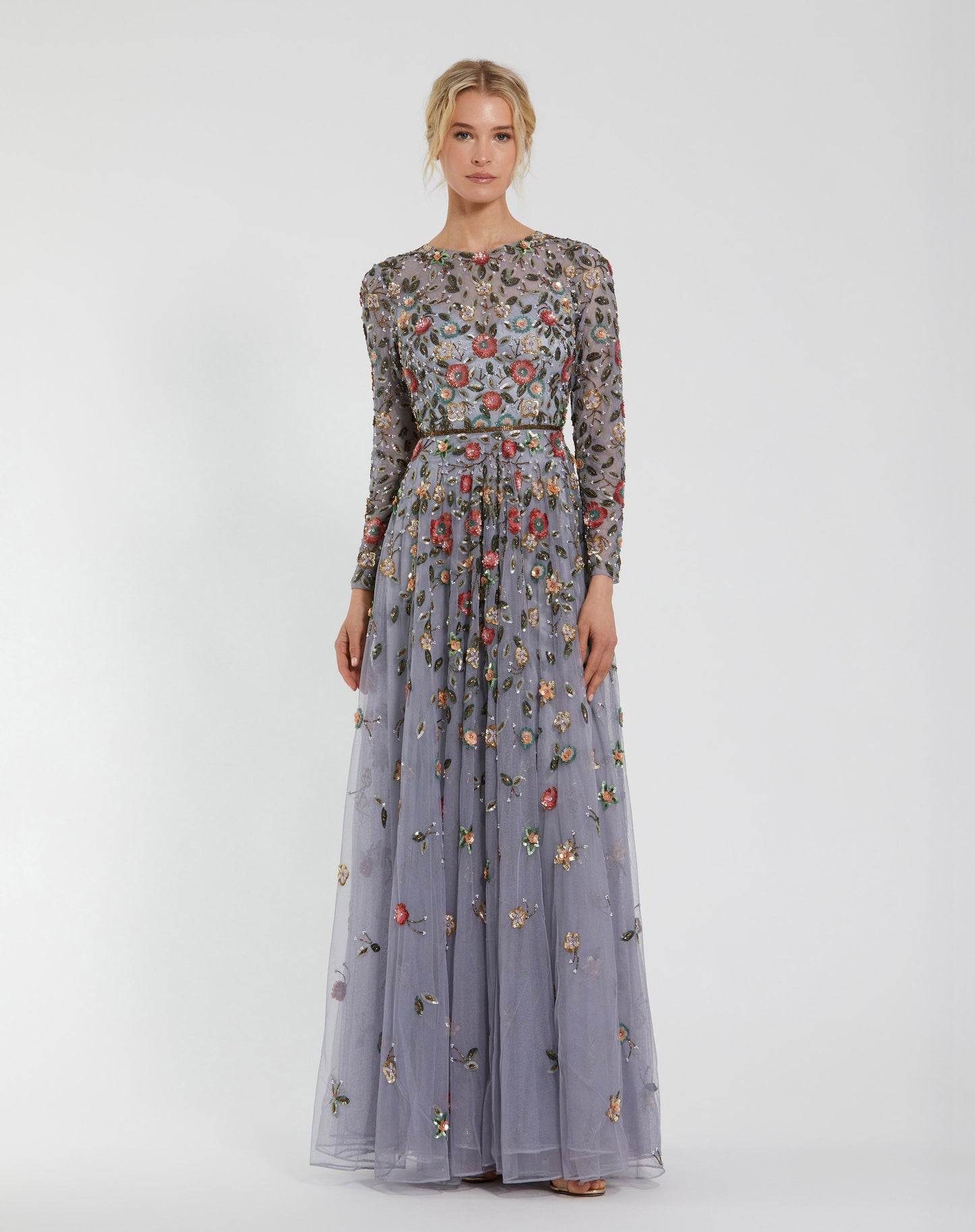 Floral Appliqué Long Sleeve Illusion Gown