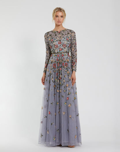 Floral Appliqué Long Sleeve Illusion Gown