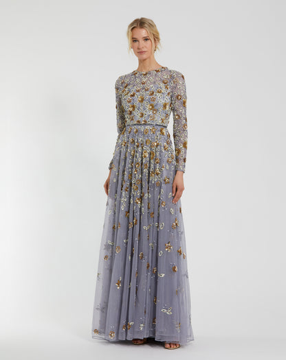 Floral Appliqué Long Sleeve Illusion Gown