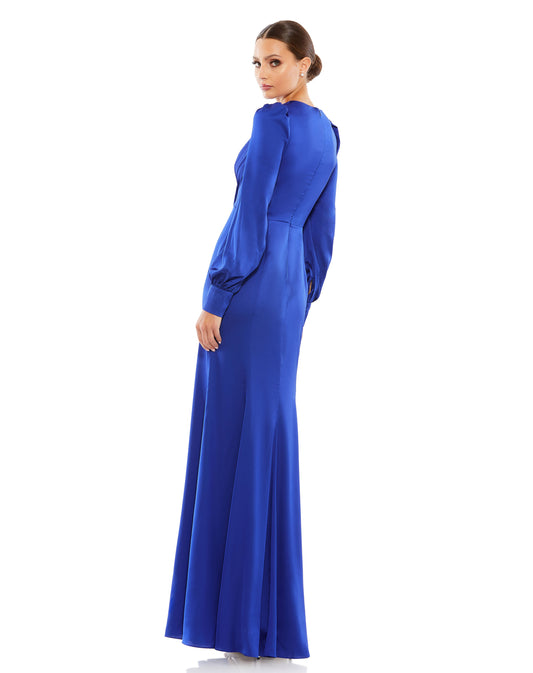 Satin Ruched Bishop Sleeve Gown
