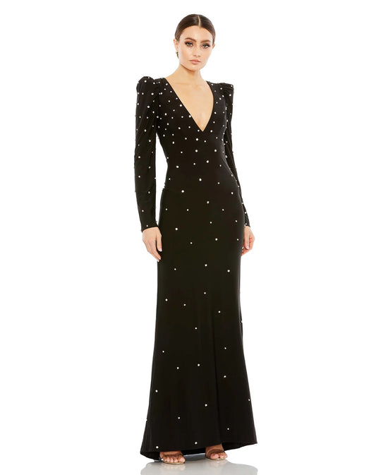 Rhinestone Encrusted Long Sleeve V Neck Gown