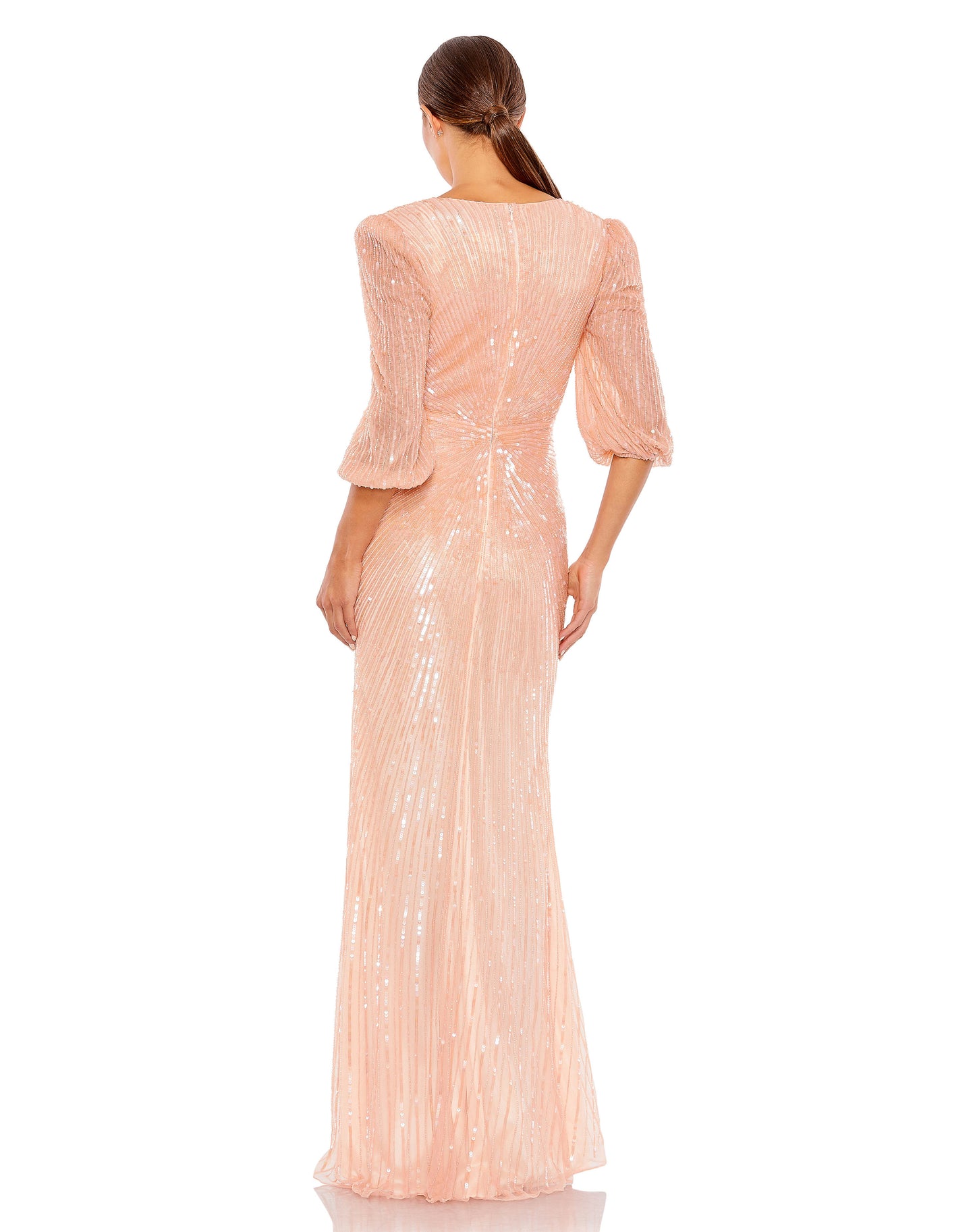 Sequined Faux Wrap Puff Sleeve Gown