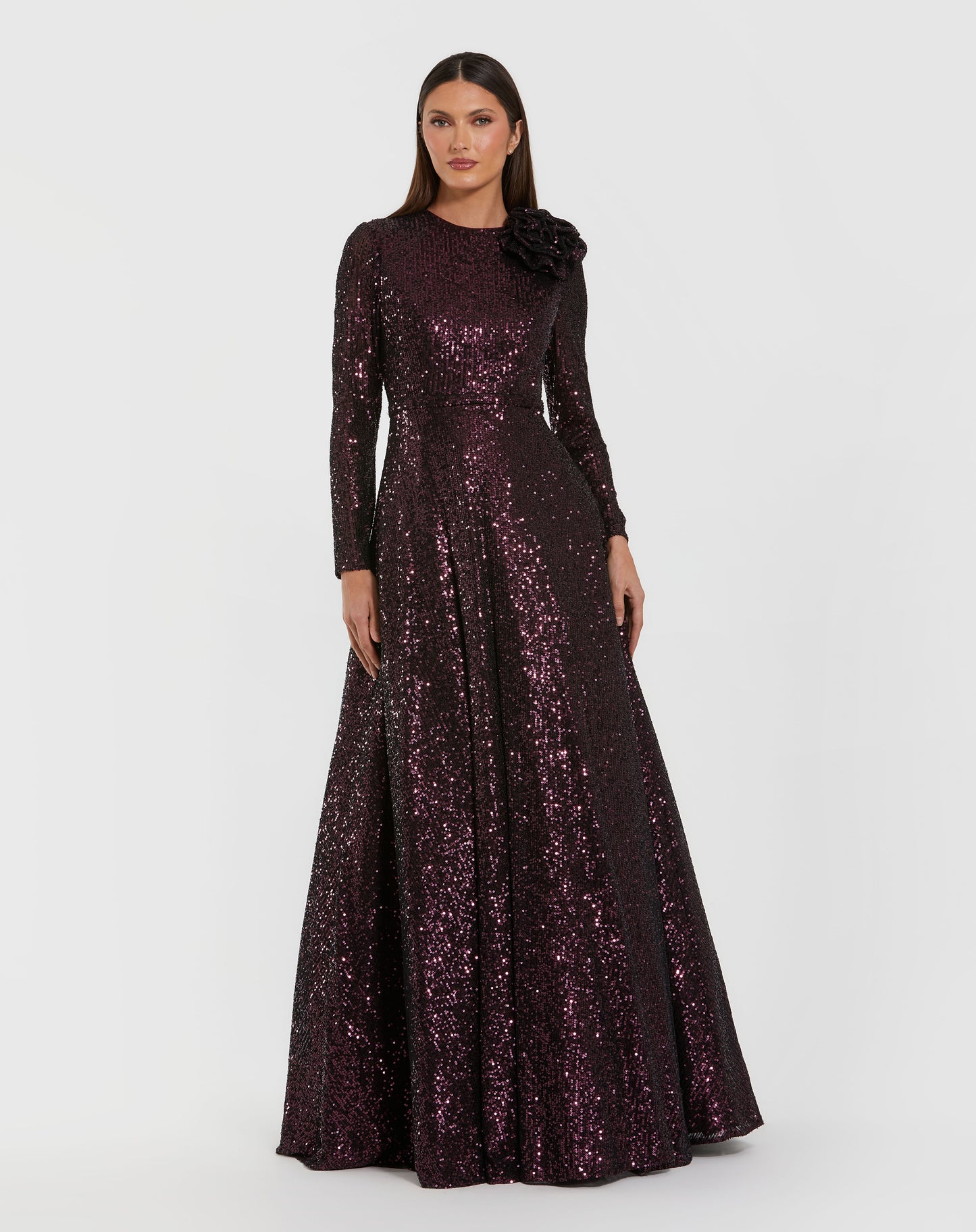 Long Sleeve Sequin Ball Gown With 3D Flower