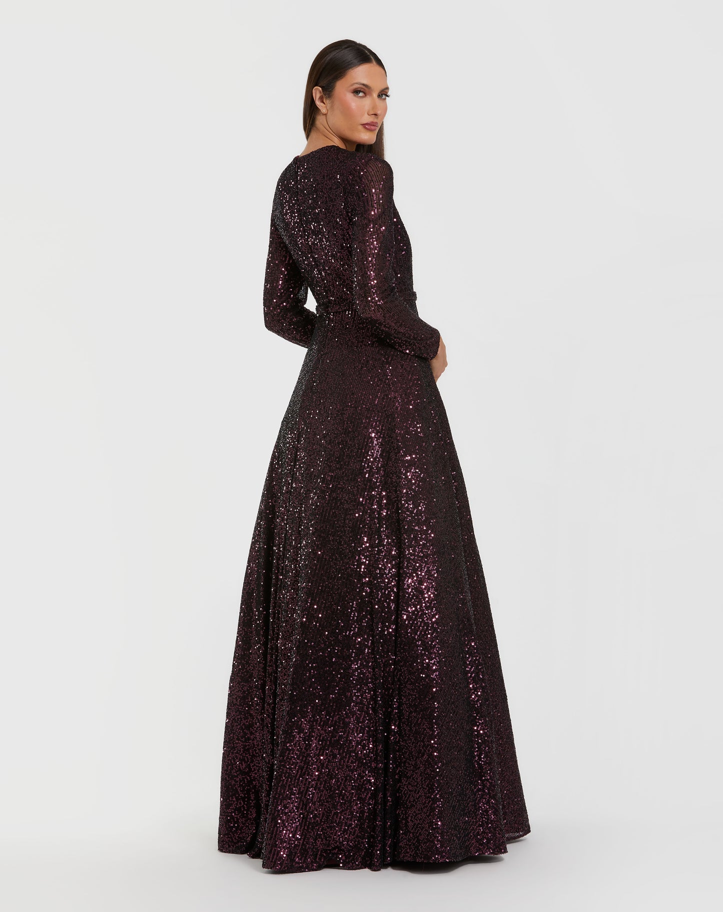 Long Sleeve Sequin Ball Gown With 3D Flower