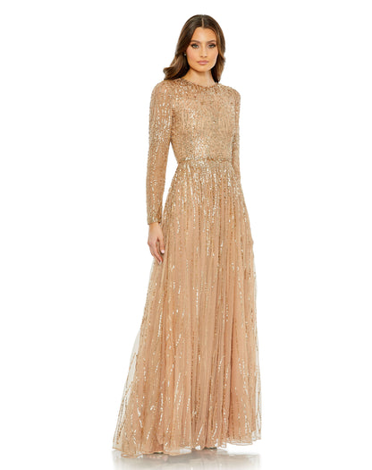 Sequined Illusion High Neck Long Sleeve Gown