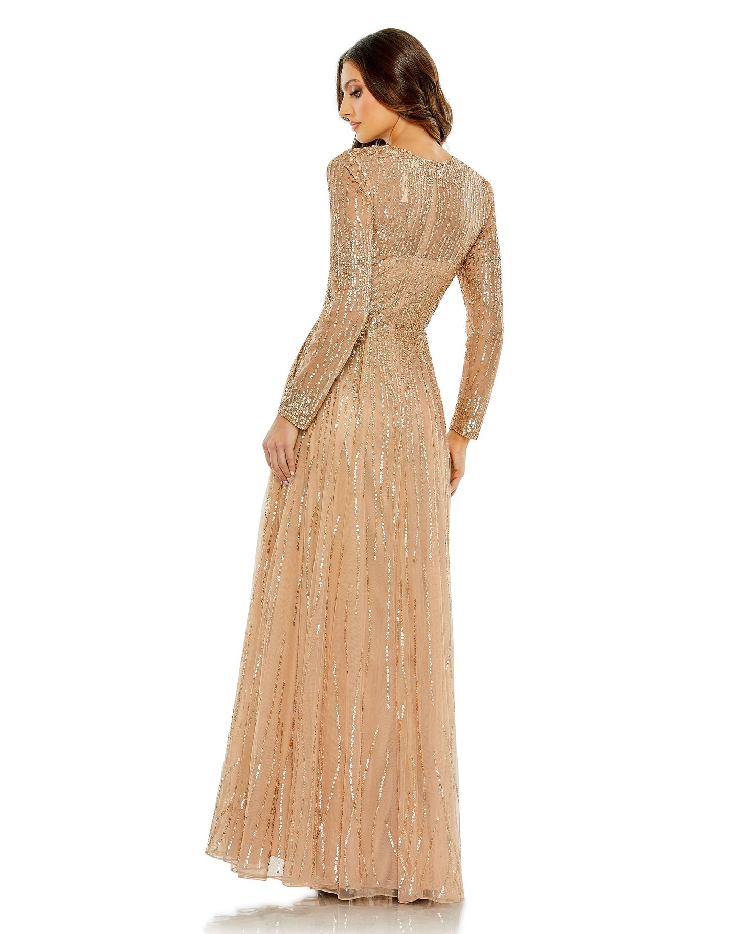 Sequined Illusion High Neck Long Sleeve Gown