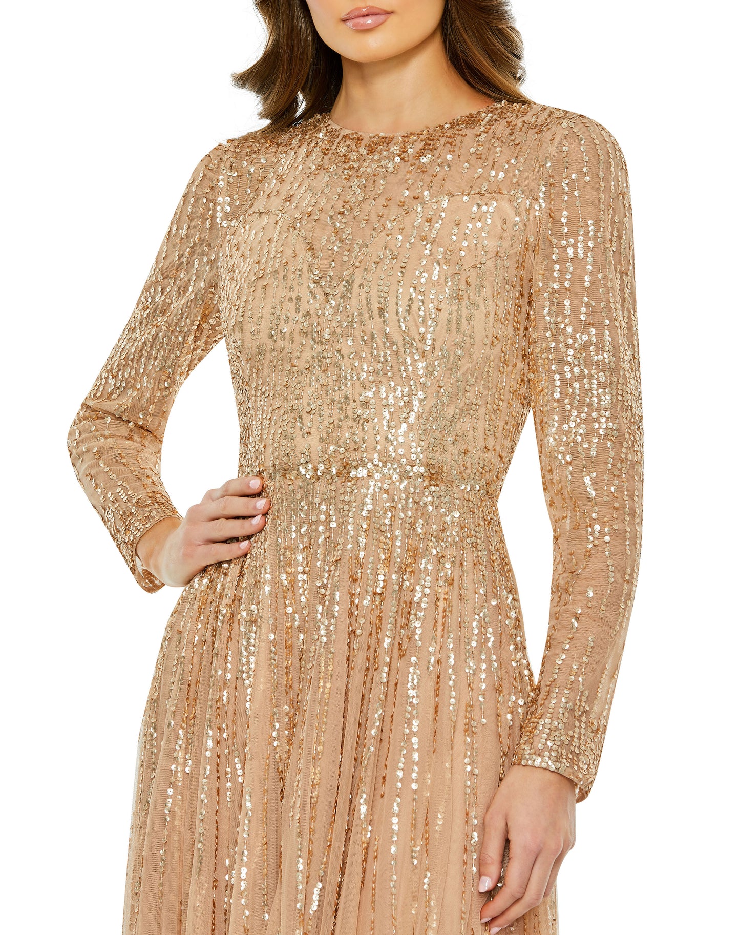 Sequined Illusion High Neck Long Sleeve Gown