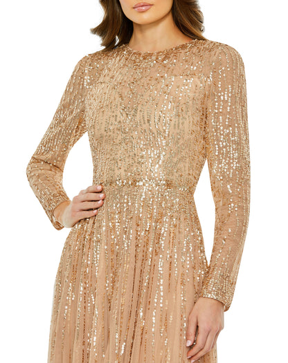 Sequined Illusion High Neck Long Sleeve Gown